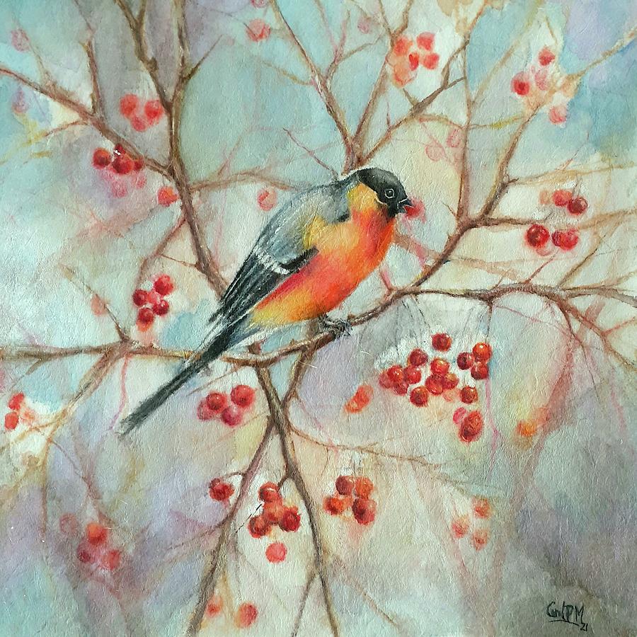 Bird eating on a branch Painting by Carolina Prieto Moreno