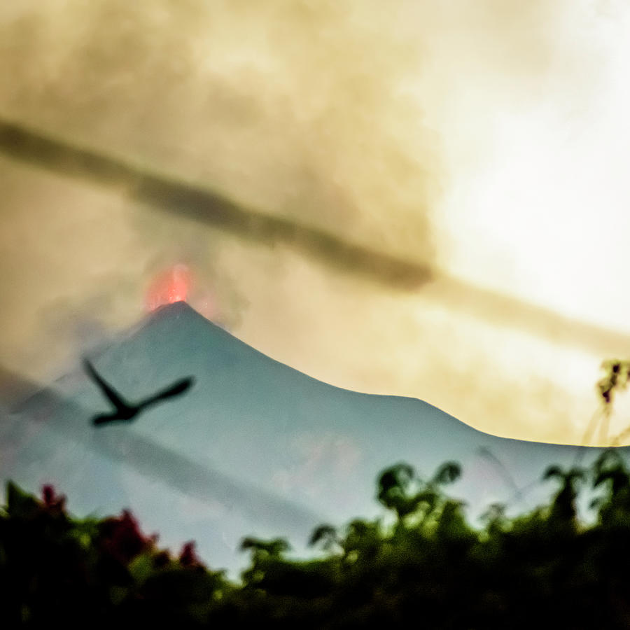 Bird Flight Across Erupting Volcano At Sunset Photograph