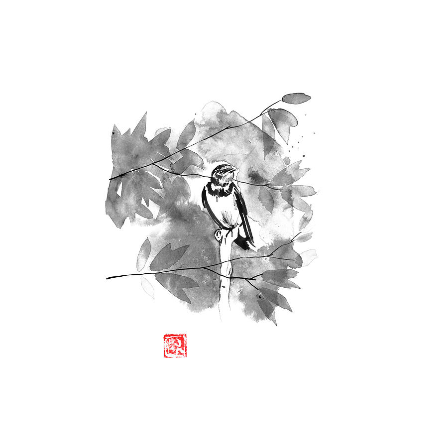 Bird Drawing - Bird In A Tree by Pechane Sumie