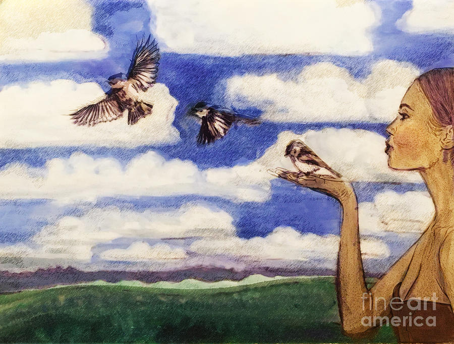 Bird in Hand Two in Sky Painting by Shelley Myers