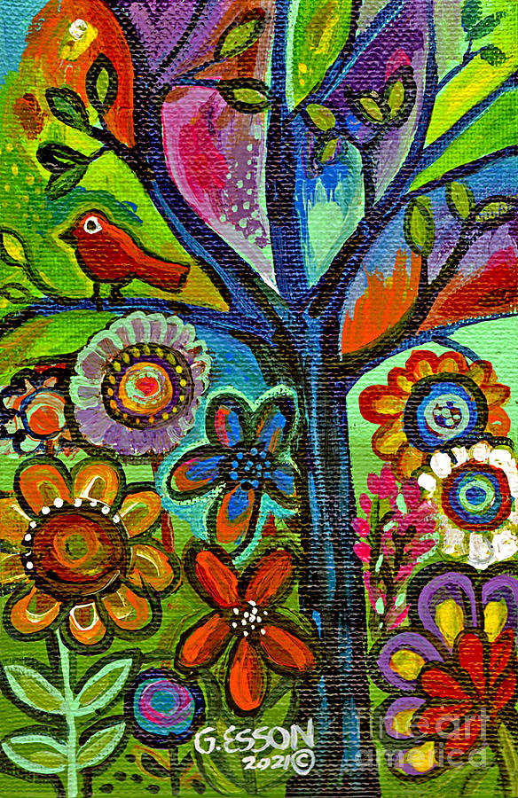 Tree Painting - Bird In Tree With Flowers by Genevieve Esson