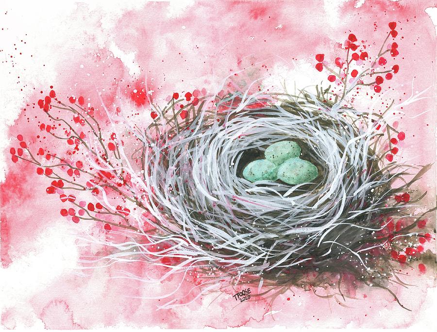 Bird Nest With Red Winter Berries Painting