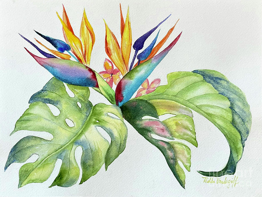 Bird of Paradise and Leaves Painting by Hilda Vandergriff