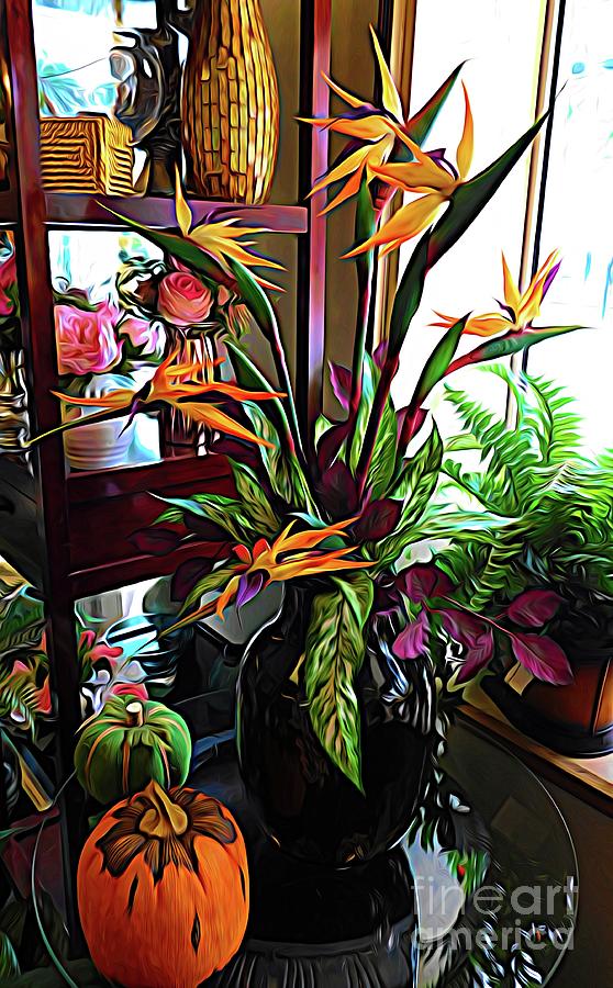 Bird Of Paradise Flowers and Pumpkins Abstract Expressionism Effect Photograph by Rose Santuci-Sofranko