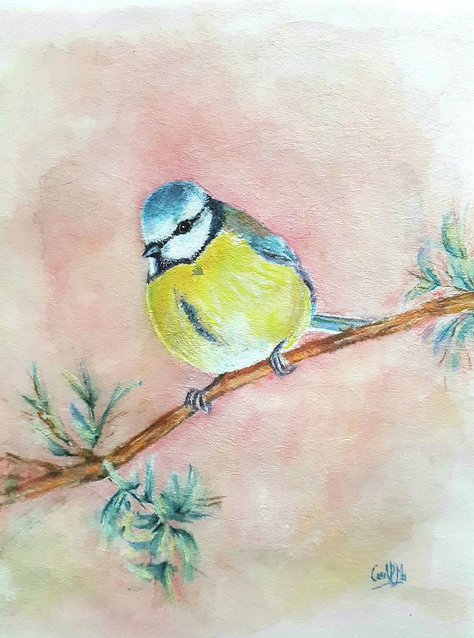 Bird on a branch  Cyanistes caeruleus Painting by Carolina Prieto Moreno