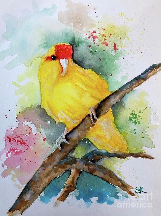 Parakeet on a branch Painting by Sharron Knight