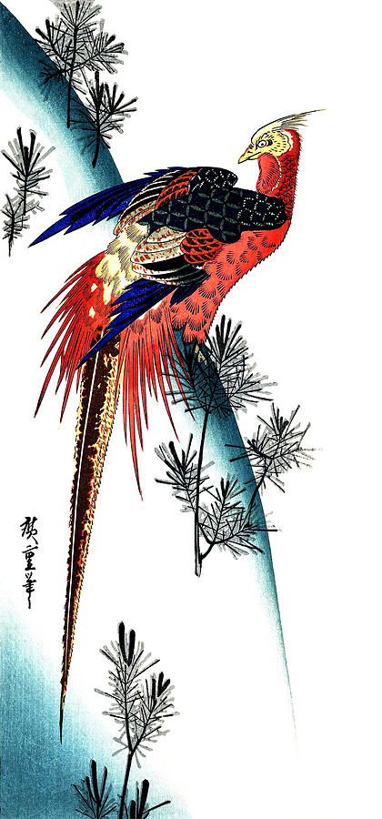 Bird on a Pine Tree, Japanese Art Digital Art by Long Shot