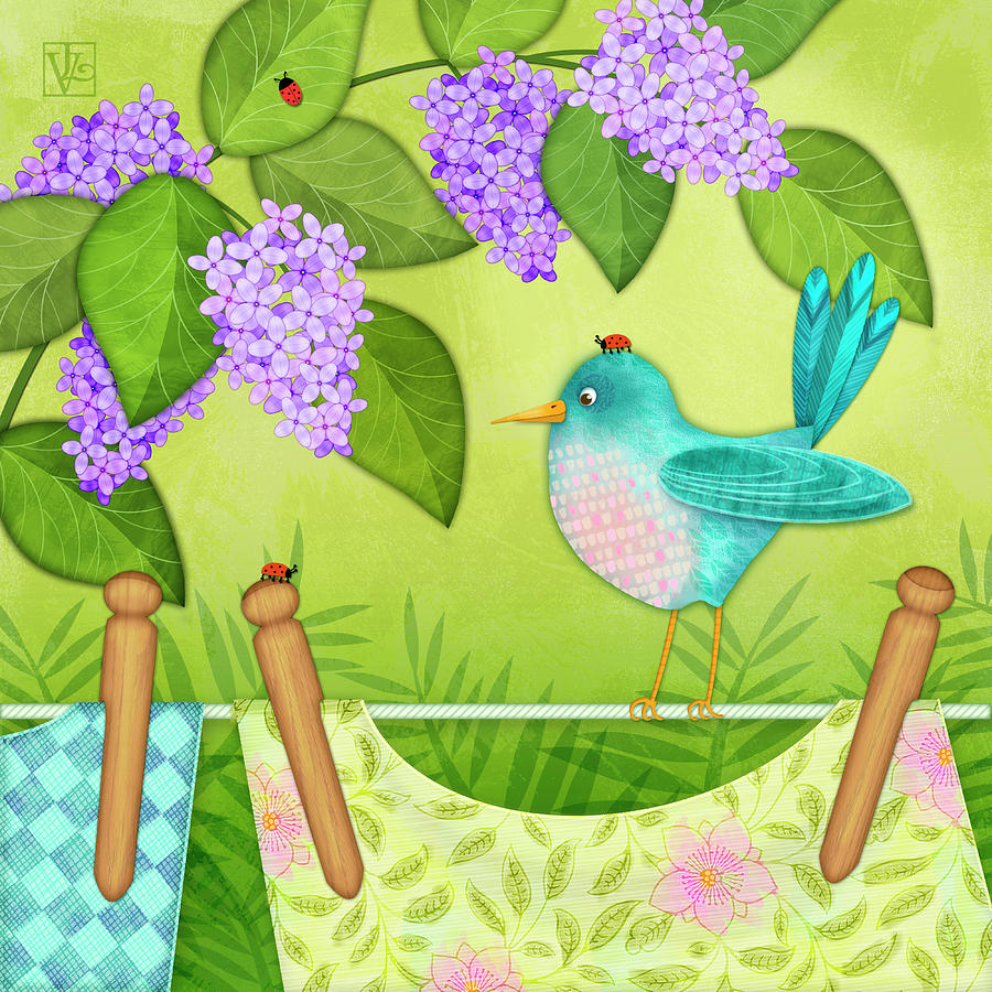 Bird on Clothesline with Lilacs Digital Art by Valerie Drake Lesiak