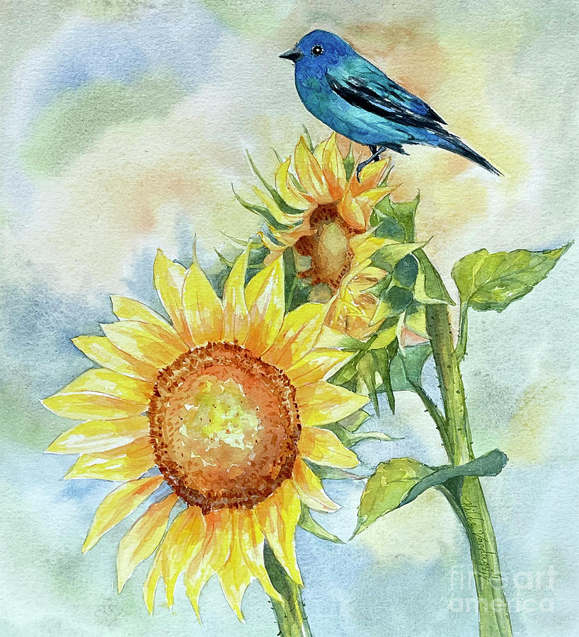 Bird on Sunflowers Painting by Hilda Vandergriff
