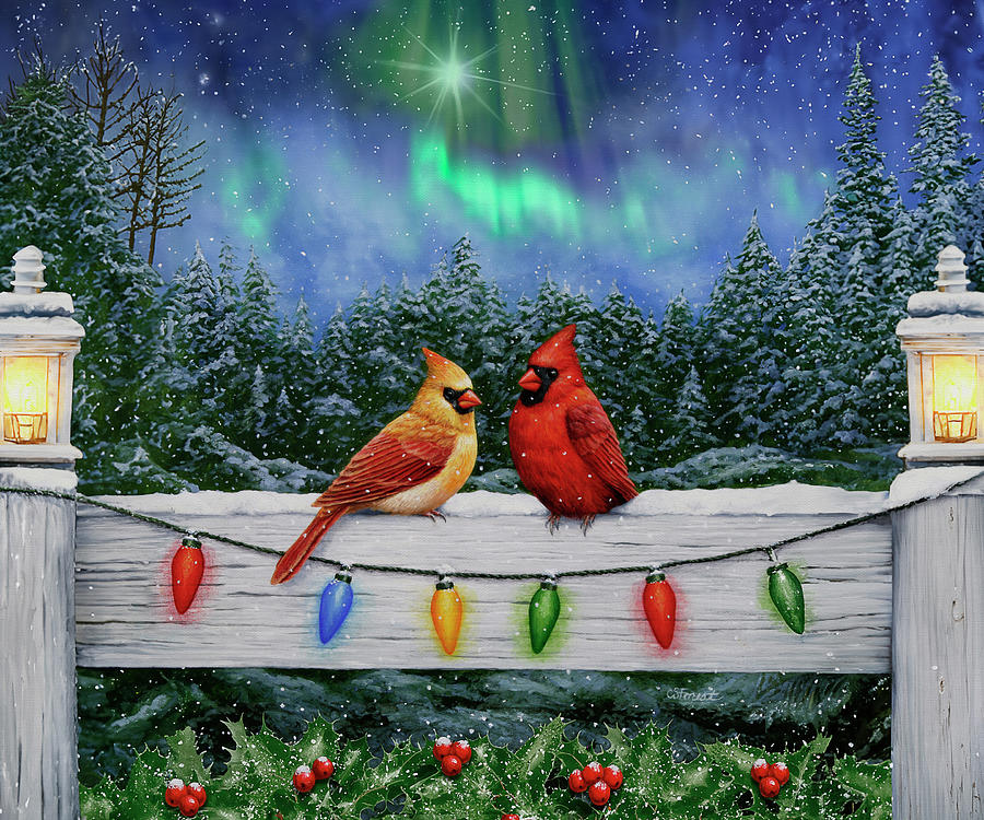 Bird Painting - Bird Painting - Christmas Cardinals by Crista Forest
