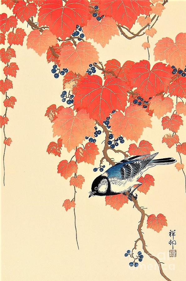 Bird red ivy and berries Painting by Thea Recuerdo