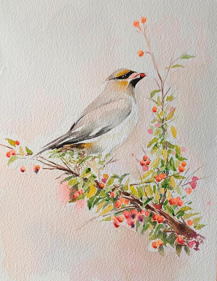Bird with berries Painting by Carolina Prieto Moreno