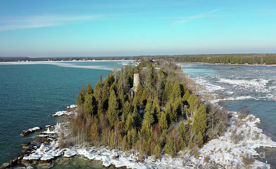 Aerial View of The Birdcage Lighthouse Baileys Harbor Door County Wisconsin Photograph by Nikki Vig