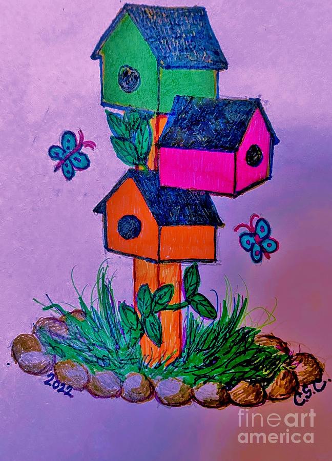 Birdhouses with Butterflies Drawing by Christy Saunders Church