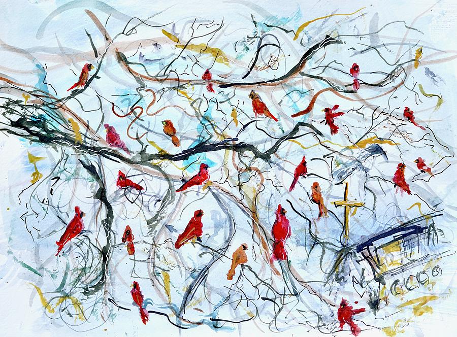 Cardinals Perched Overhead Painting