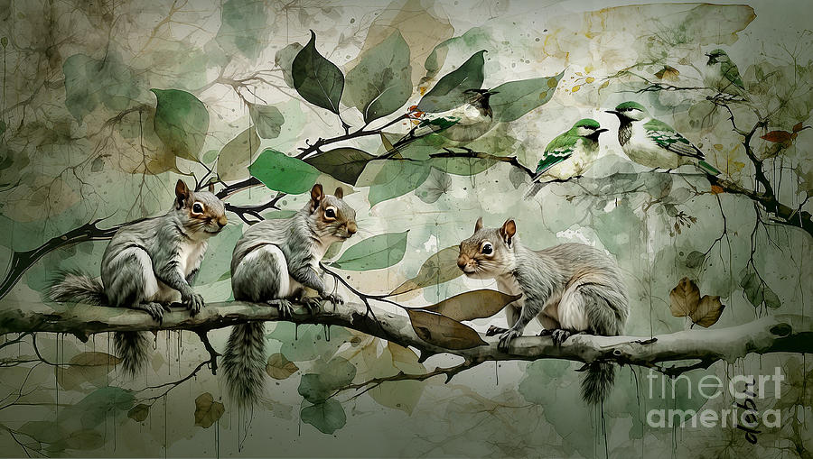 Birds and Squirrels Digital Art by Deb Nakano