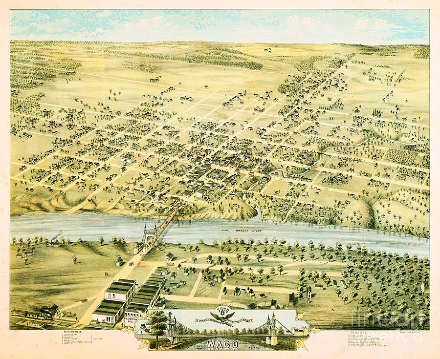 Birds Eye View Map of Waco Texas in 1873 Including Waco University Waco Female College and Waco Mill Drawing by Peter Ogden
