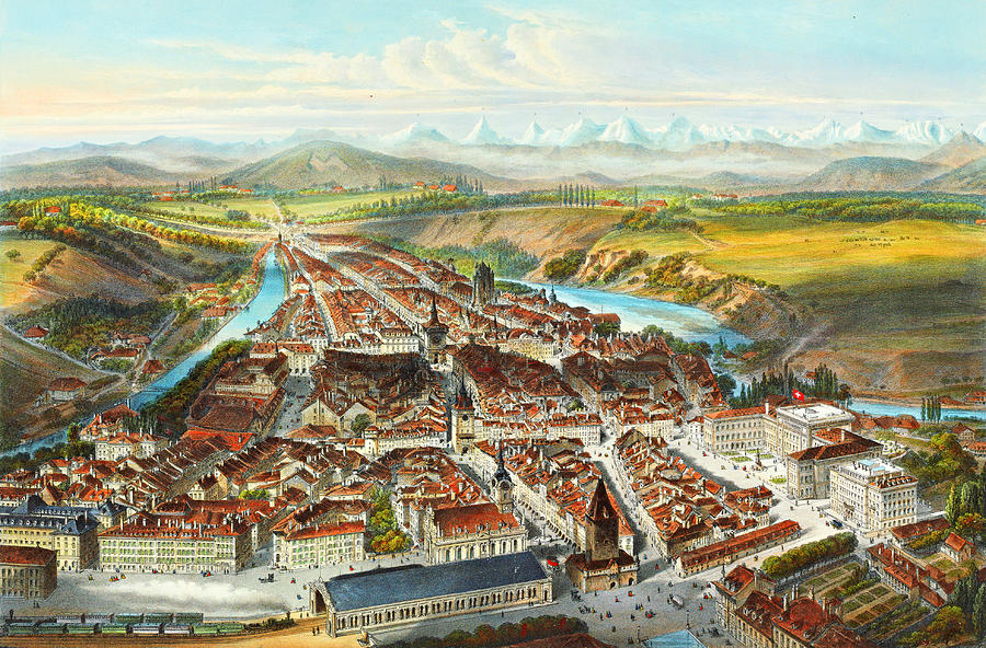 Birds Eye View of Bern Switzerland Landscape Panorama 1858 Painting by Peter Ogden