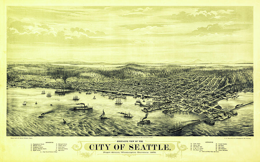 Birds eye view of Seattle and Puget Sound Historical Vintage Map Drawing by Joseph S Giacalone