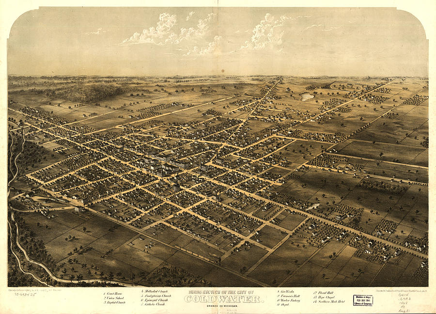 Birds eye view of the city of Coldwater Branch Co Michigan Drawing by ...