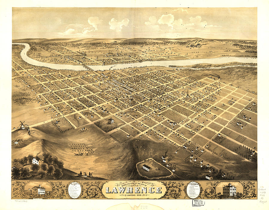 Bird s eye view of the city of lawrence kansas drawing by ruger a