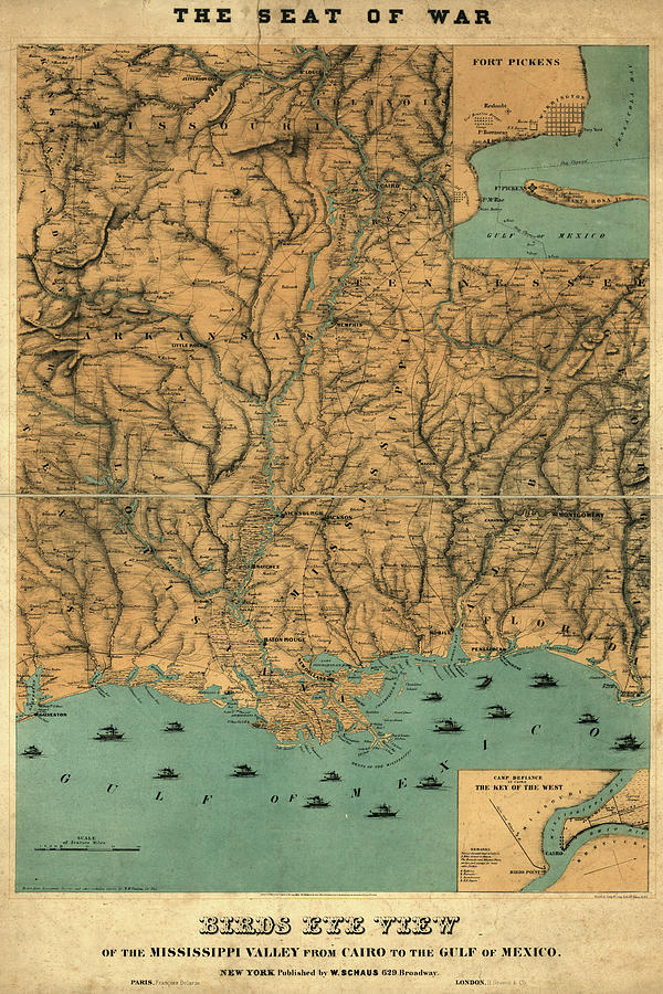 Map Drawing - Birds eye view of the Mississippi Valley from Cairo to the Gulf of Mexico 1861 by Vintage Maps