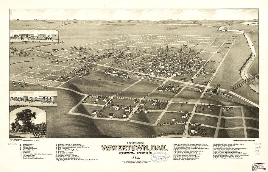 Bird's eye view of Watertown Dak county-seat of Codington Co Drawing by ...