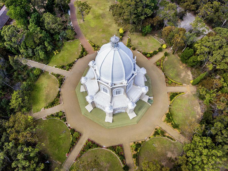 Architecture Photograph - birds eyeview photo of white cathedral - Bahai House of Worship, Ingleside, Australia by Julien