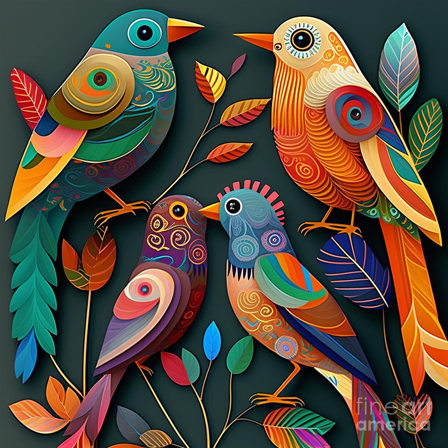 Birds - Folk Art I Digital Art by Jay Schankman