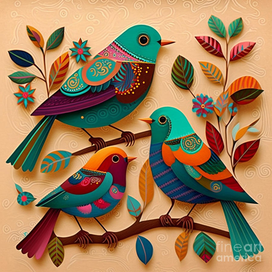 Birds - Folk Art II Digital Art by Jay Schankman