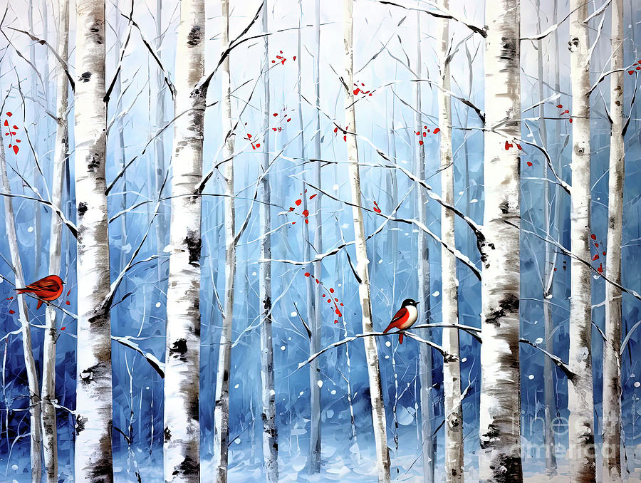 Birds in Birch Trees  Digital Art by Elaine Manley
