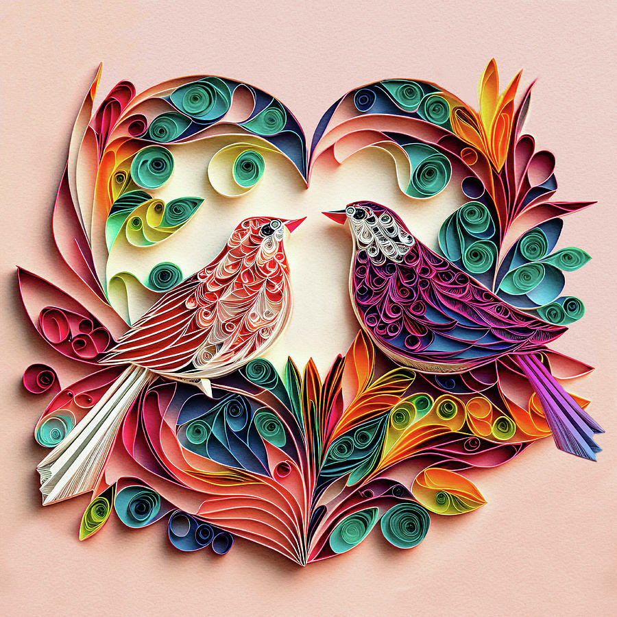 Birds in Love Valentine - Paper Quilling Digital Art by Peggy Collins