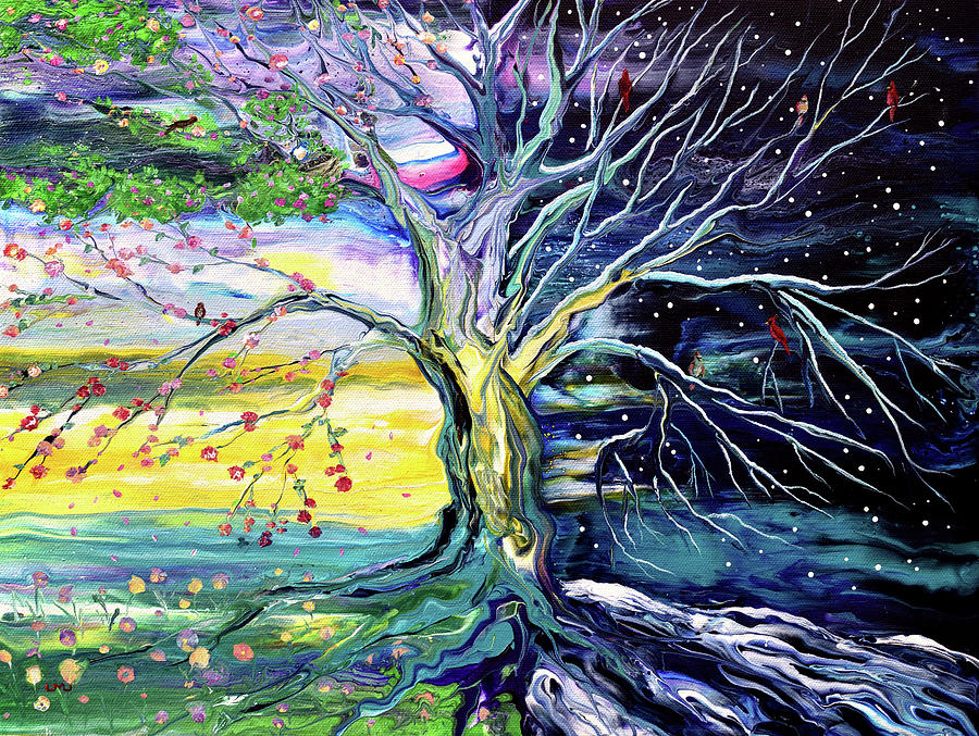 Birds in Spring and Winter Tree of Life Painting by Laura Iverson