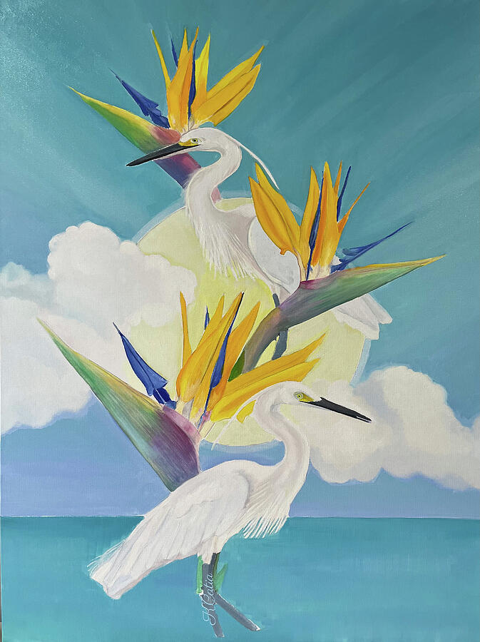 Egret Painting - Birds of Paradise by KCatia Creole Art