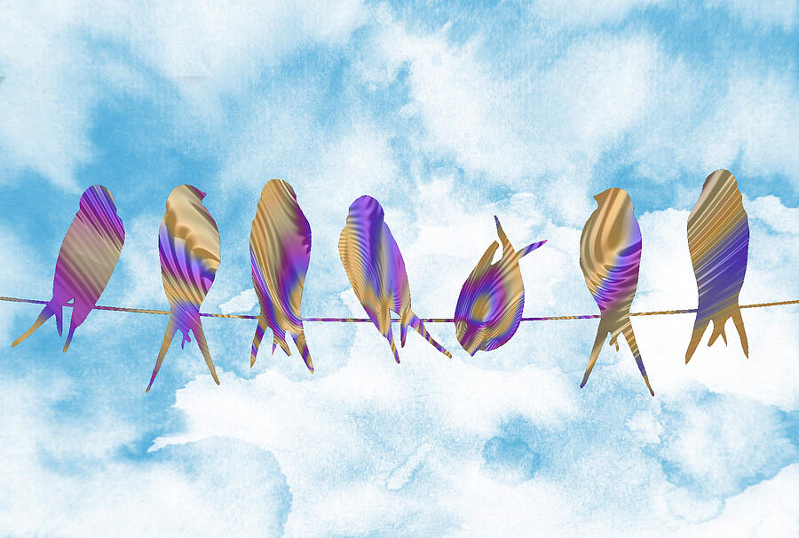 Birds on a Wire-Fractal Watercolor Fusion  Mixed Media by Shelli Fitzpatrick