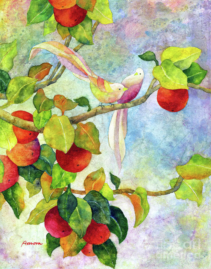Birds on Apple Tree - pastel colors Painting by Hailey E Herrera