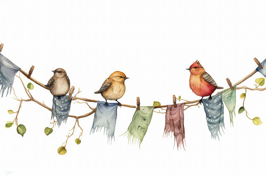 Laundry Painting - Birds on Clothesline by Lourry Legarde