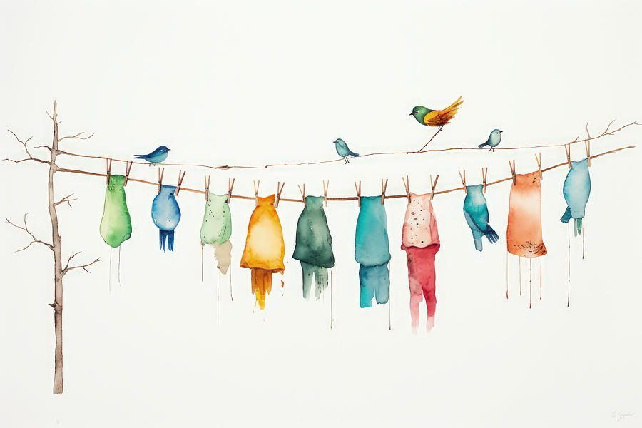 Laundry Painting - Birds on Clotheslines Delight by Lourry Legarde