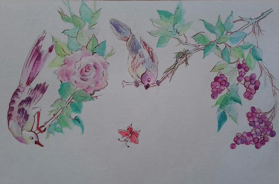 Birds staring at a butterfly II Drawing by Carolina Prieto Moreno