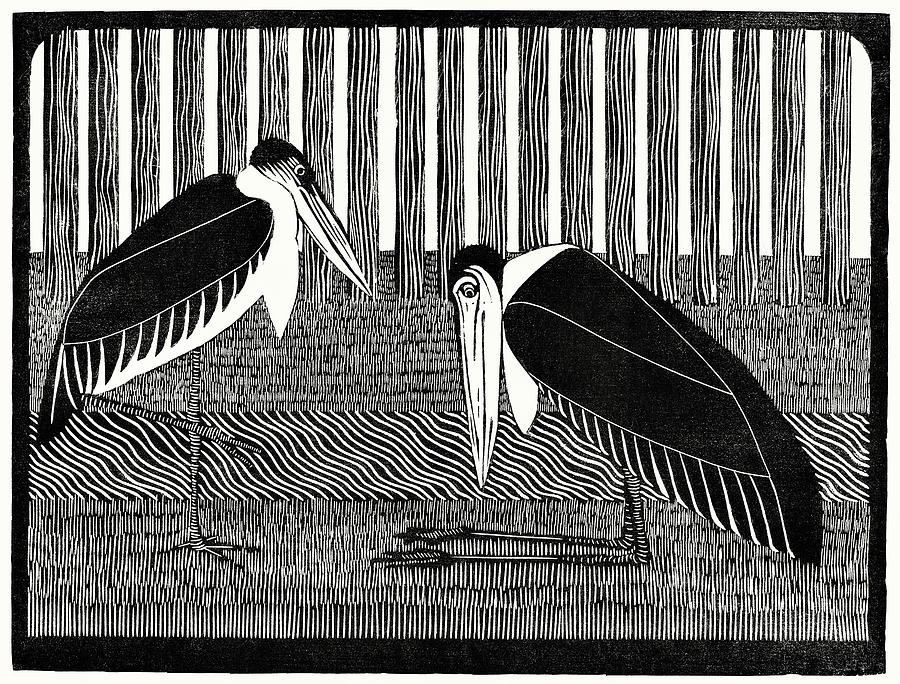Birds - Two Maraboos - Black and White Painting by Samuel Jessurun de Mesquita