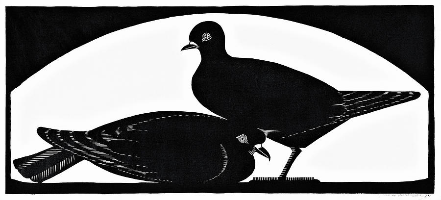 Birds - Two pigeons, dove - Black and White Painting by Samuel Jessurun de Mesquita