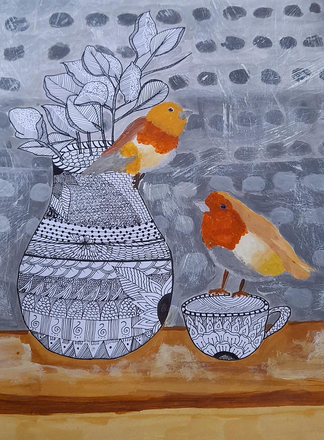 Birds with vase and cup fusion mandala art  Mixed Media by Kiruthika S