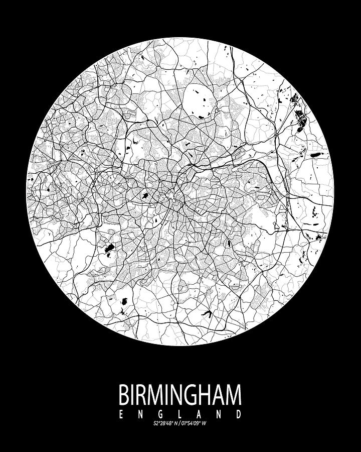 Birmingham, England City Map in Full Moon Digital Art by DeMAP Studio