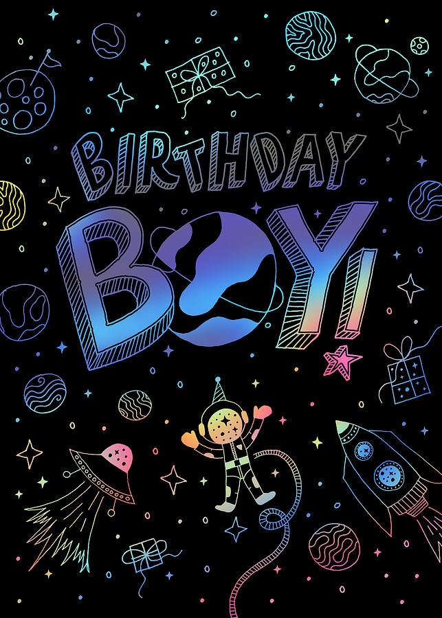 Birthday Boy Space Birthday Greeting Card - Art by Jen Montgomery Painting by Jen Montgomery