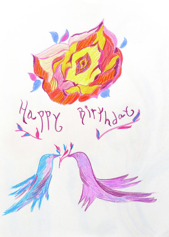 Birthday rose and bird card Drawing by Meryl Goudey