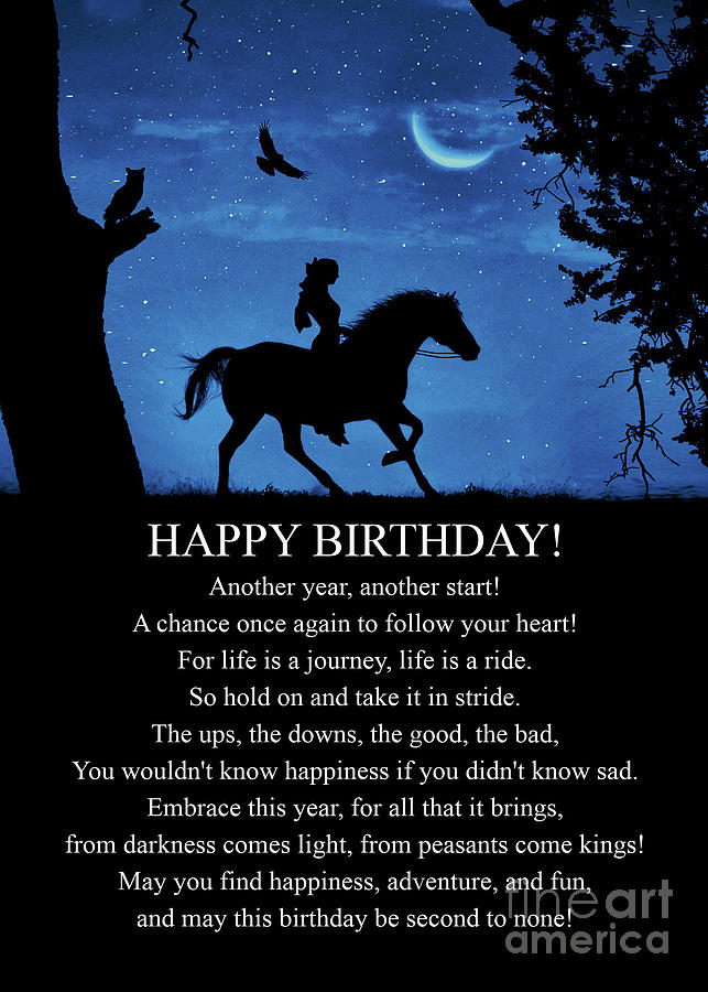 Birthday Girl and Horse at Night with Poem Owl Raven and Moon Photograph by Stephanie Laird