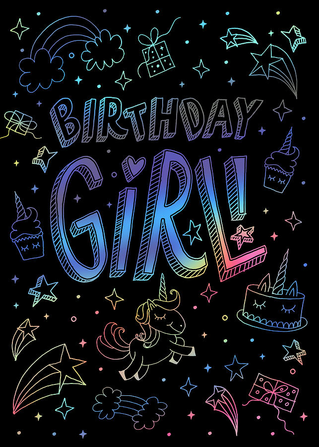 Birthday Girl Space Birthday Greeting Card - Art by Jen Montgomery Painting by Jen Montgomery
