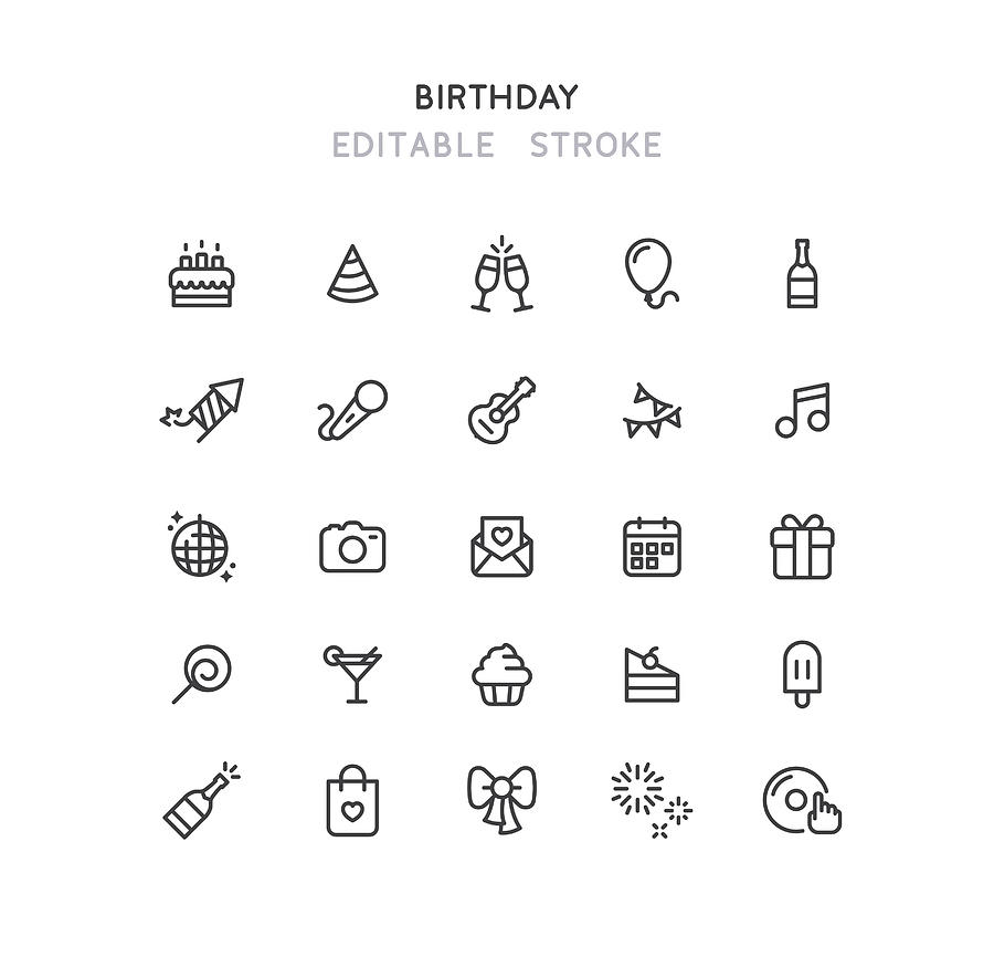 Birthday Line Icons Editable Stroke Drawing by Bounward