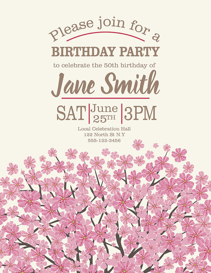 Birthday Party Template With Cherry Blossom Tree Drawing by Diane Labombarbe
