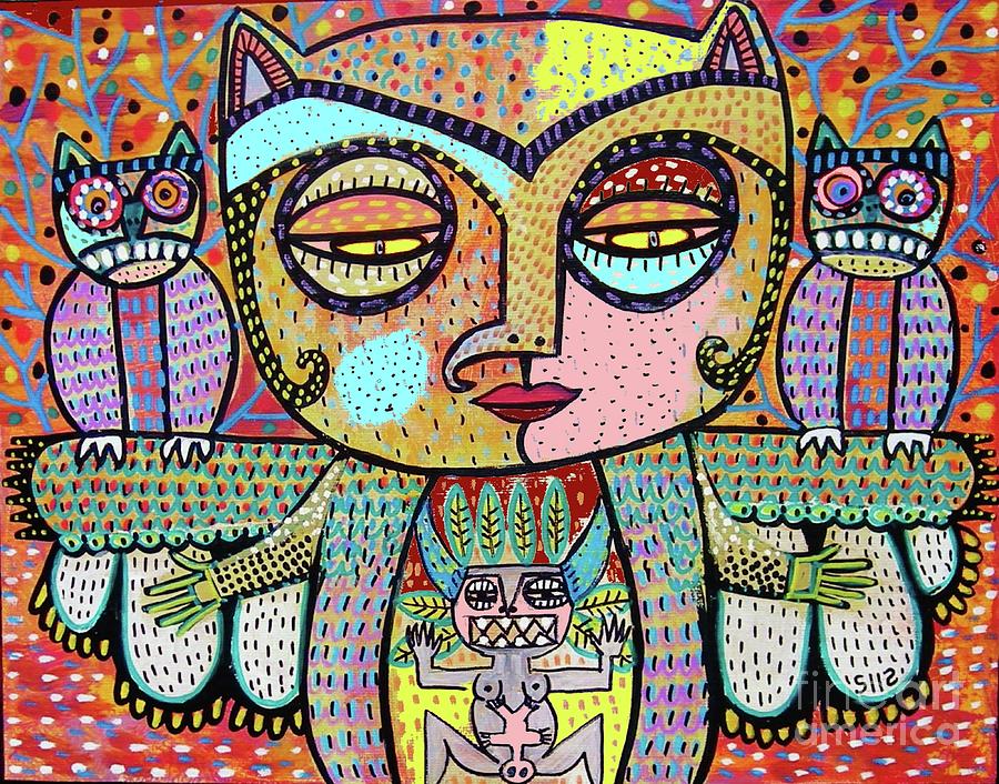 Totem Birthing Owl Doula  Painting by Sandra Silberzweig
